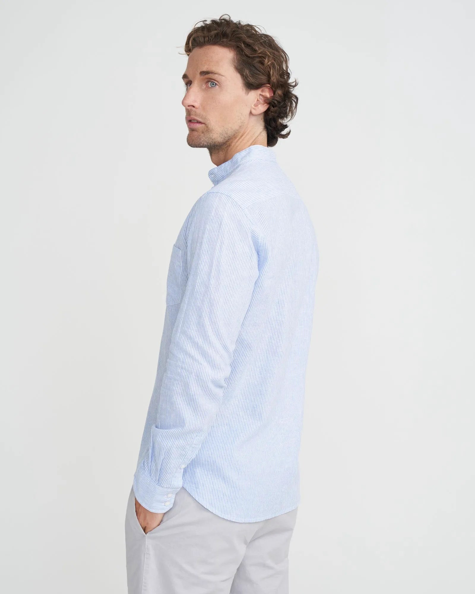 Dag Colarless Shirt - Blue/White Stripe