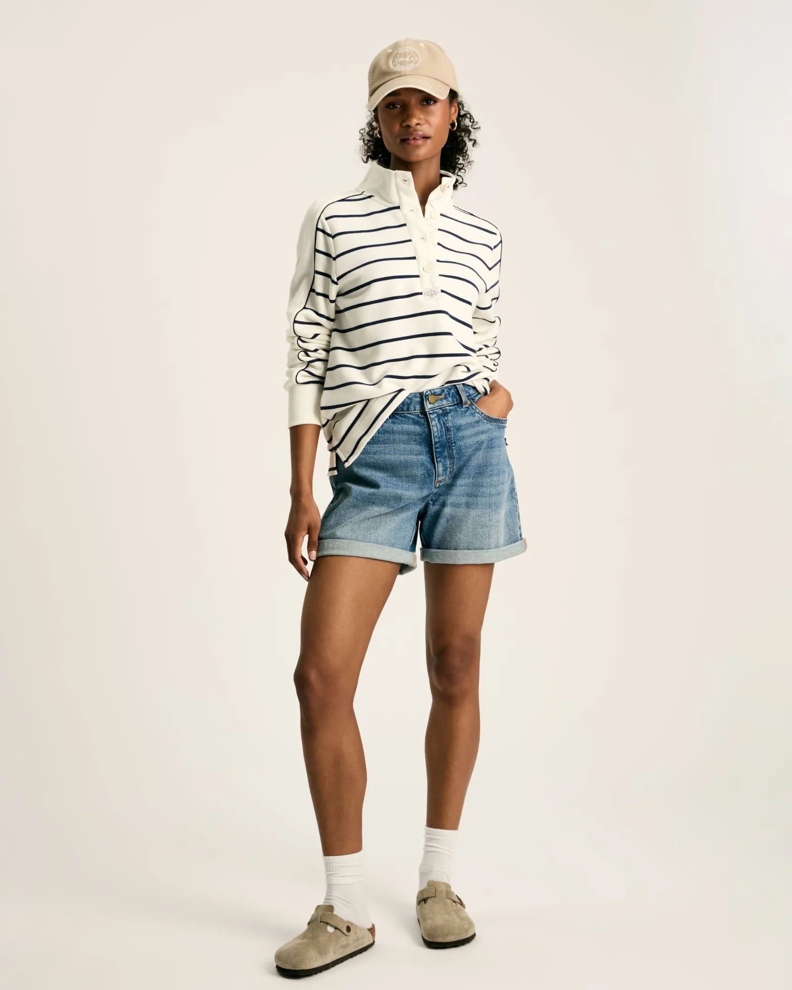 Southwold Cream & Navy Button Down Striped Sweatshirt