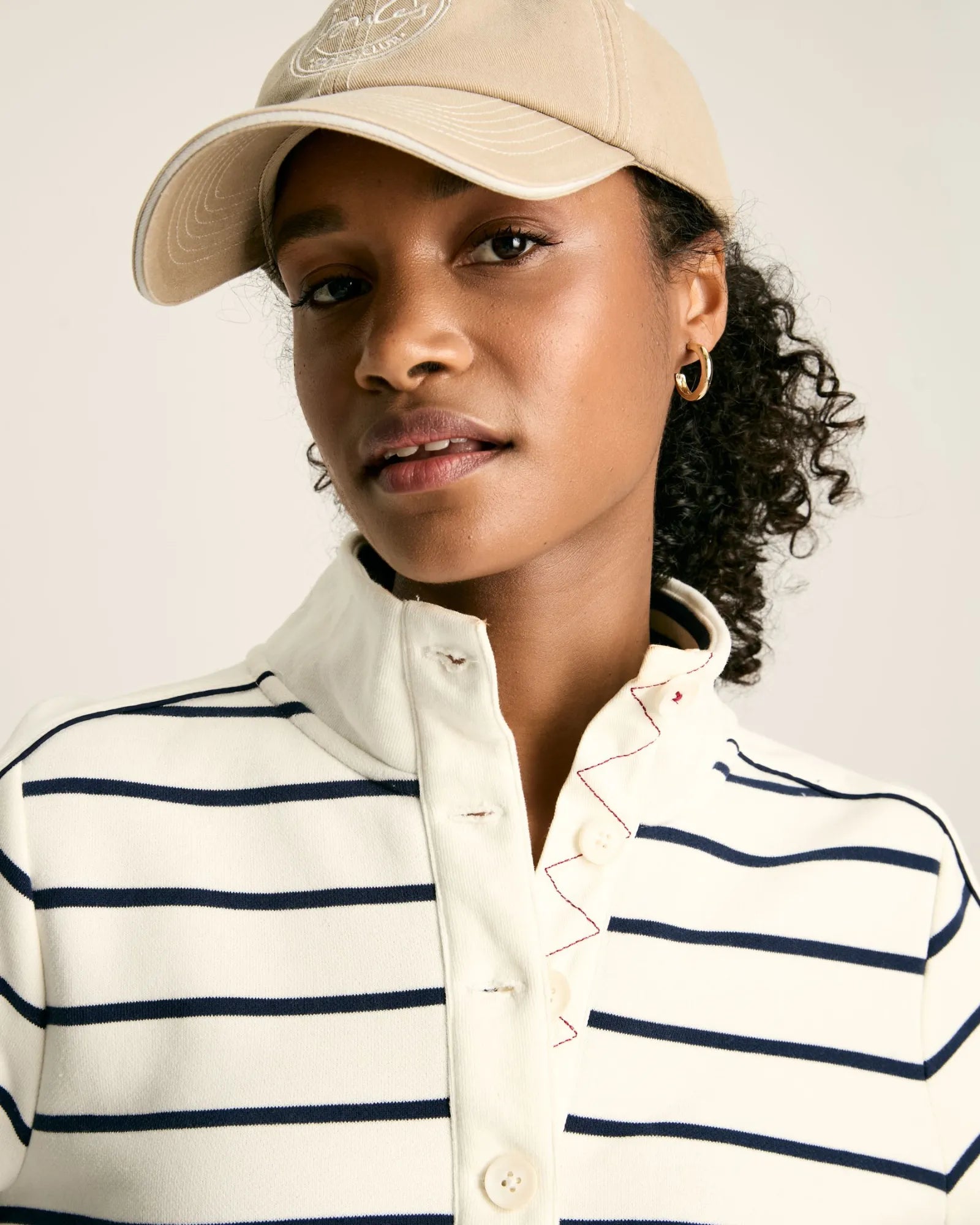 Southwold Cream & Navy Button Down Striped Sweatshirt