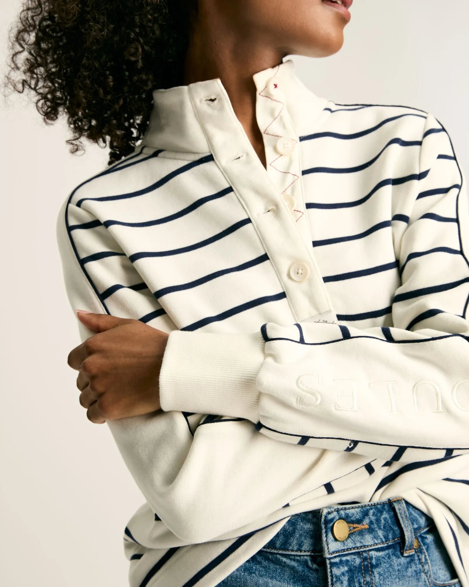 Southwold Cream & Navy Button Down Striped Sweatshirt