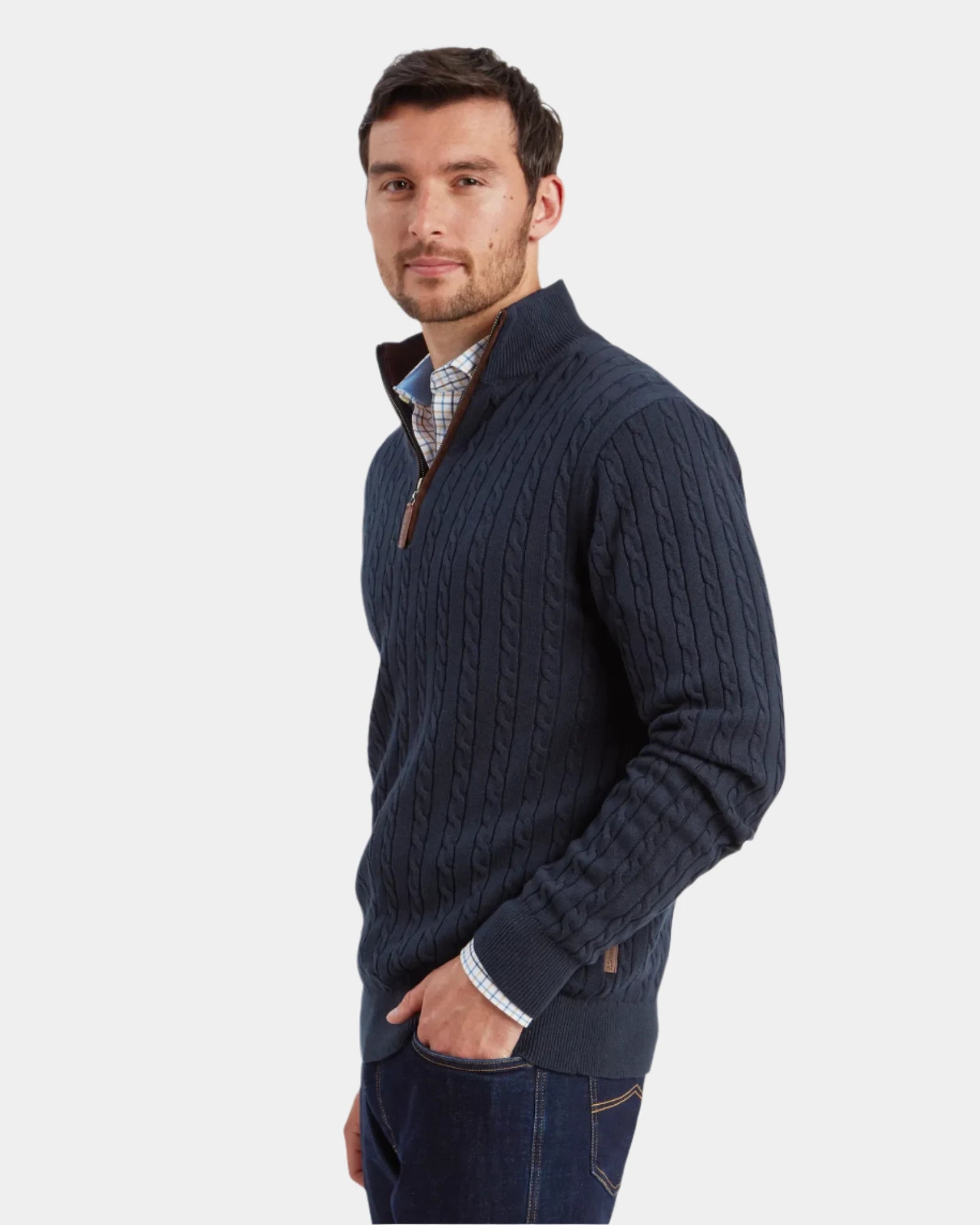 Calton Petrol Blue Cotton Cashmere Cable Quarter Zip Jumper