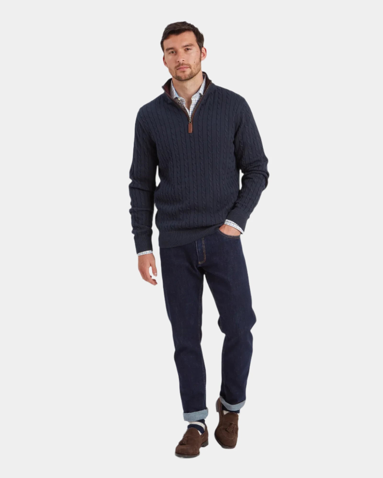 Calton Petrol Blue Cotton Cashmere Cable Quarter Zip Jumper