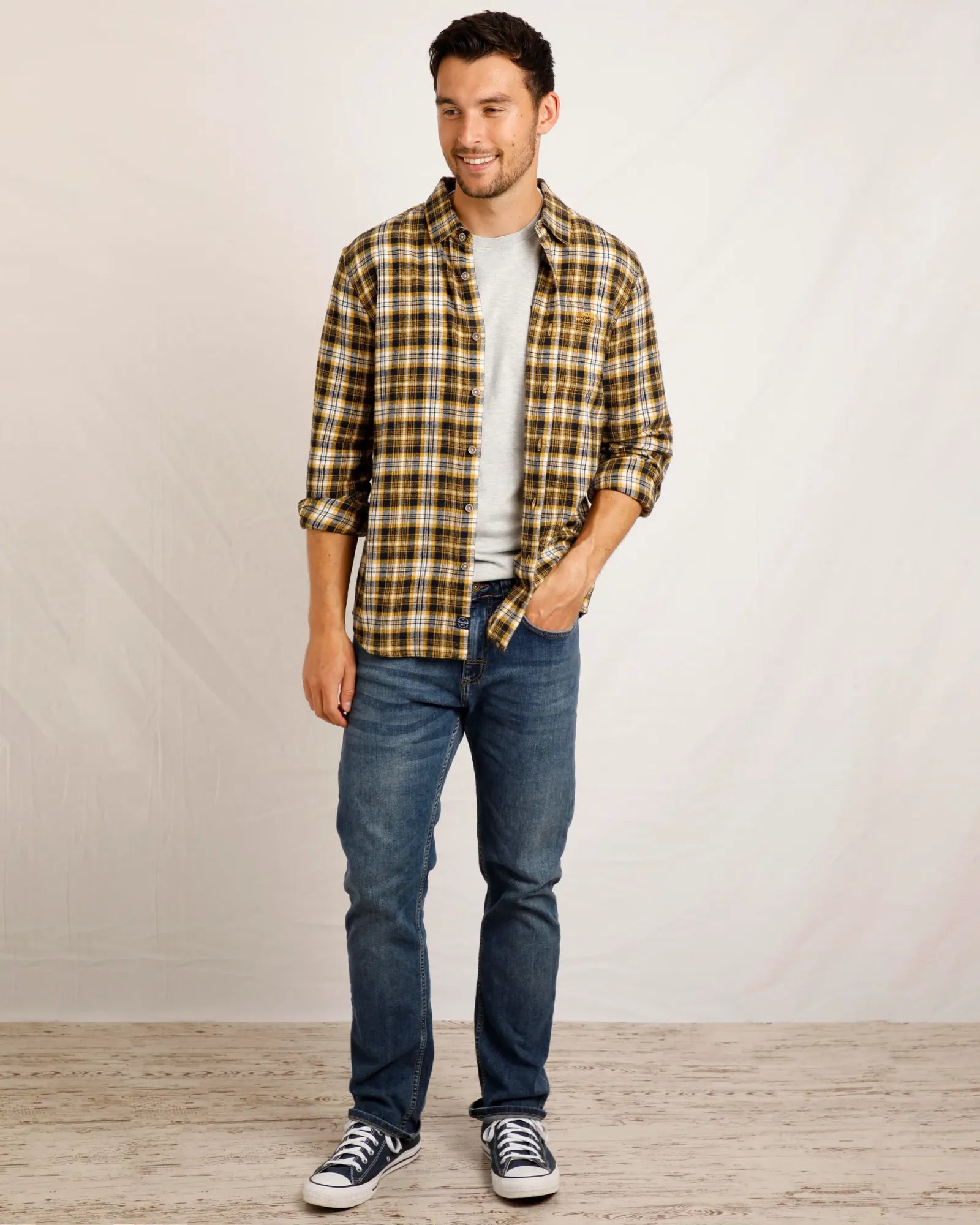 Broxton Organic Long Sleeve Herringbone Check Shirt - Mustard