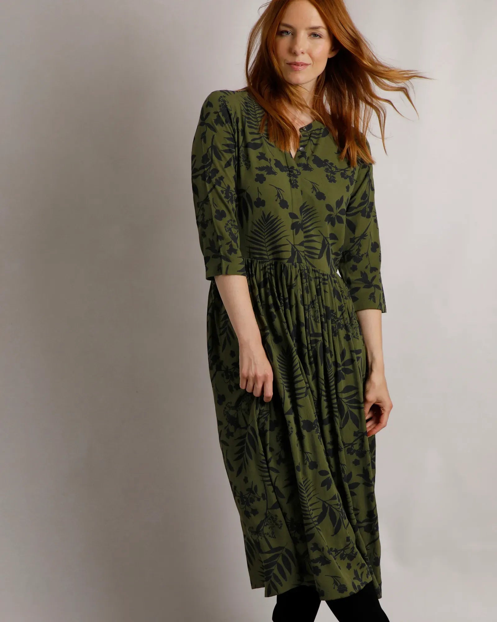 Hellen Olive Green EcoVero Viscose Midi Dress