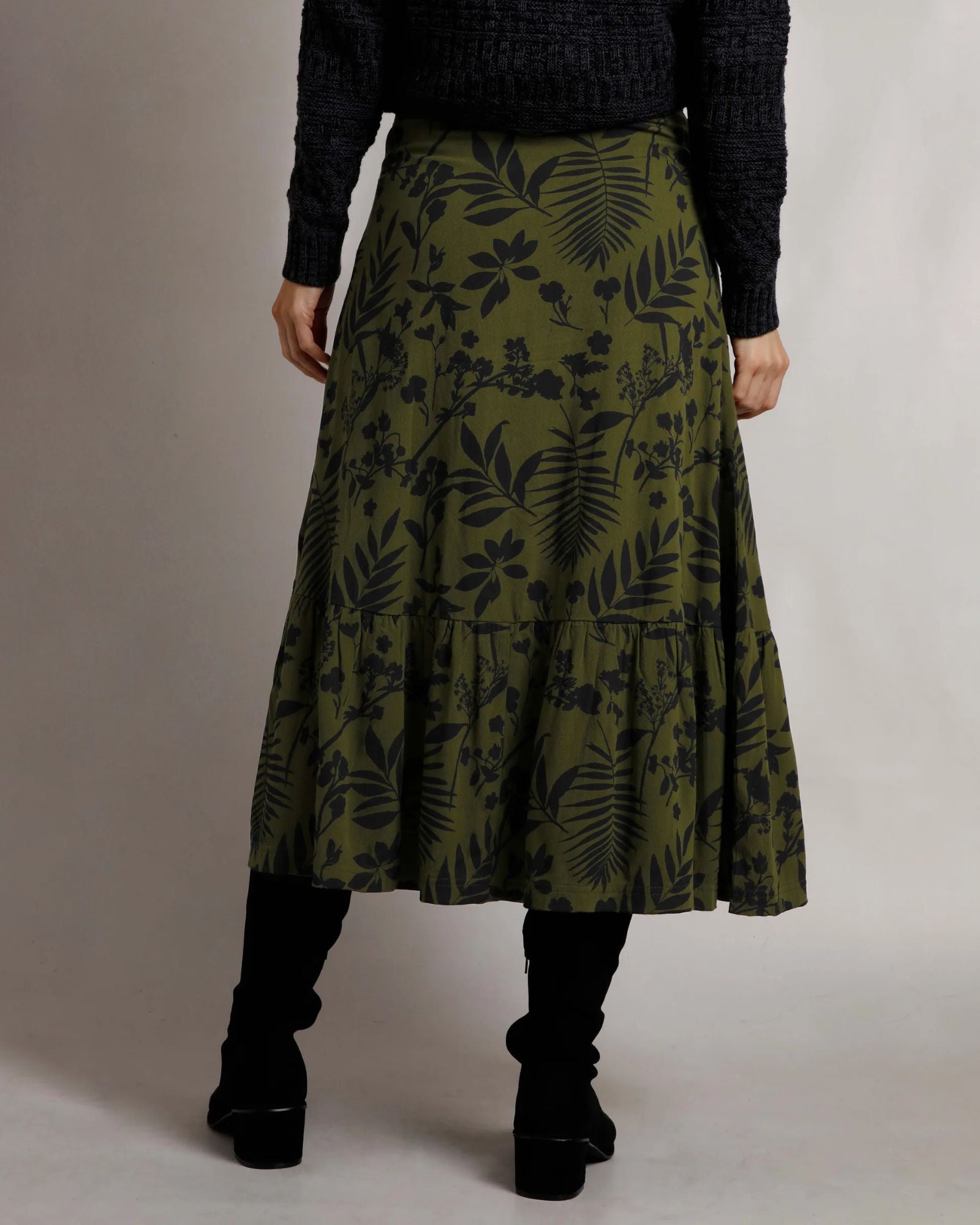 Minerve Olive Green Printed Midi Skirt