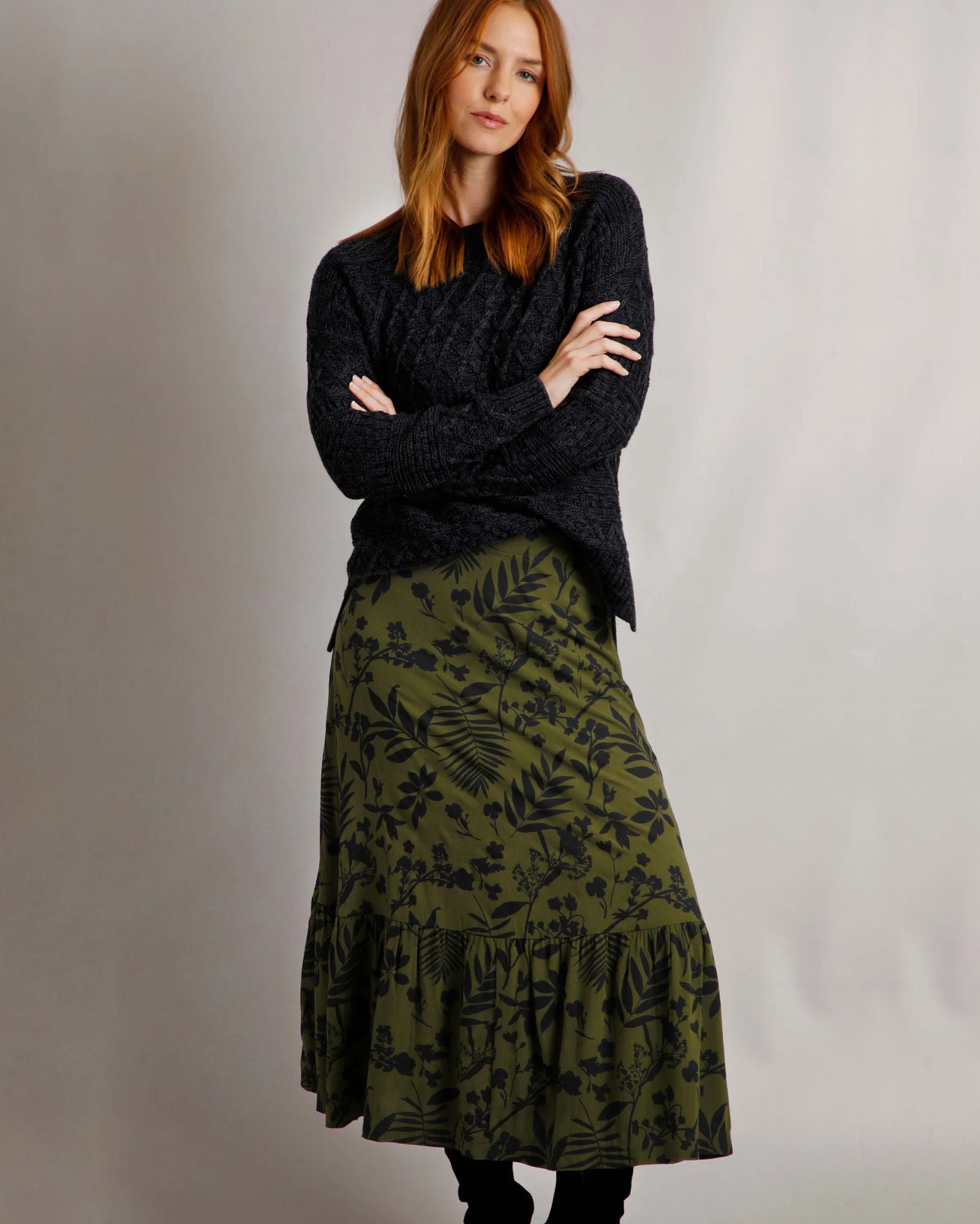 Minerve Olive Green Printed Midi Skirt